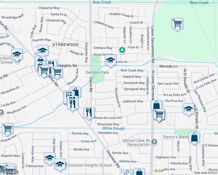 map of restaurants, bars, coffee shops, grocery stores, and more near 1301 Goldenleaf Way in Stockton