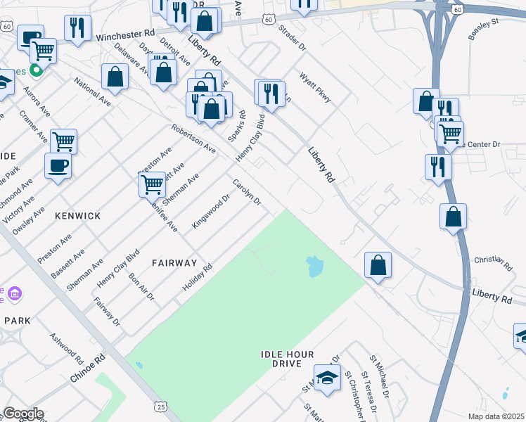 map of restaurants, bars, coffee shops, grocery stores, and more near 436 Holiday Road in Lexington