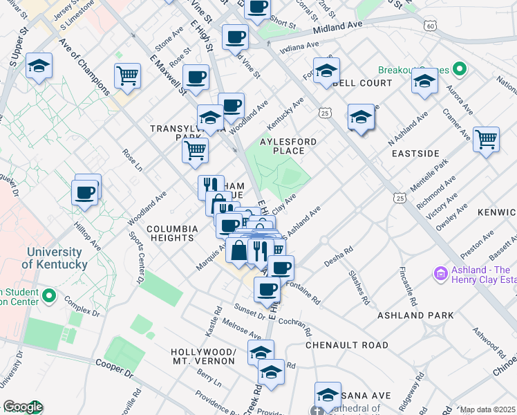 map of restaurants, bars, coffee shops, grocery stores, and more near 326 Lafayette Avenue in Lexington