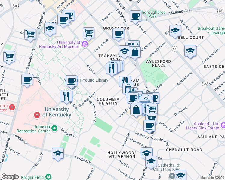 map of restaurants, bars, coffee shops, grocery stores, and more near 430 Kentucky Court in Lexington