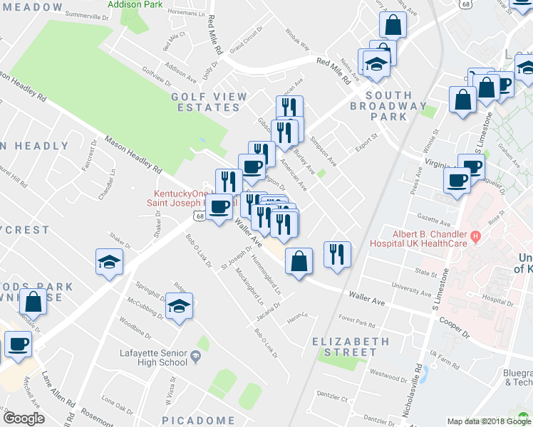 map of restaurants, bars, coffee shops, grocery stores, and more near 381 Elaine Drive in Lexington
