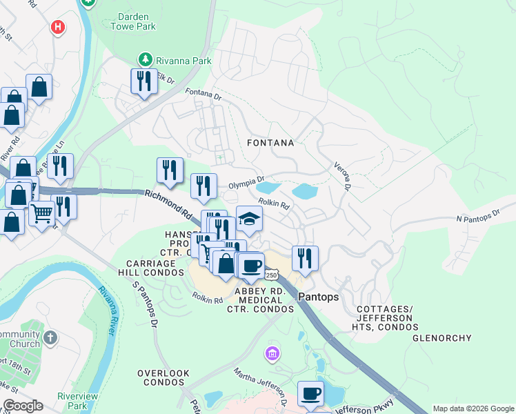 map of restaurants, bars, coffee shops, grocery stores, and more near 1999 Asheville Drive in Charlottesville