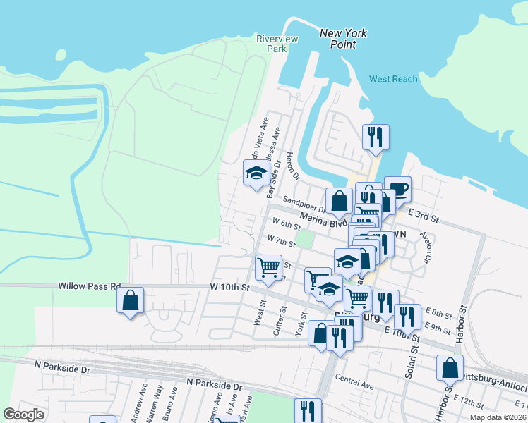 map of restaurants, bars, coffee shops, grocery stores, and more near 576 Herb White Way in Pittsburg