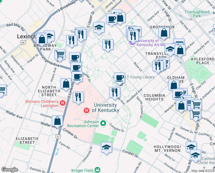 map of restaurants, bars, coffee shops, grocery stores, and more near 340 Hilltop Avenue in Lexington