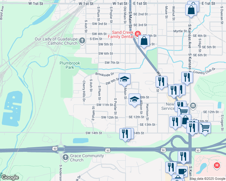 map of restaurants, bars, coffee shops, grocery stores, and more near 1004 South Poplar Street in Newton