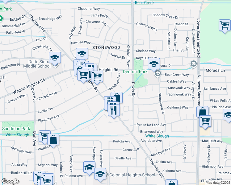 map of restaurants, bars, coffee shops, grocery stores, and more near 9038 Sherill Court in Stockton