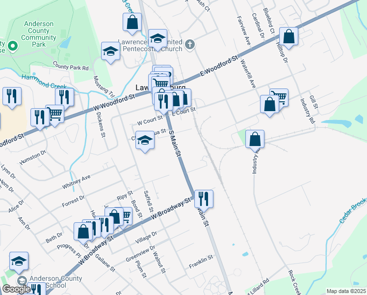 map of restaurants, bars, coffee shops, grocery stores, and more near 321 South Main Street in Lawrenceburg