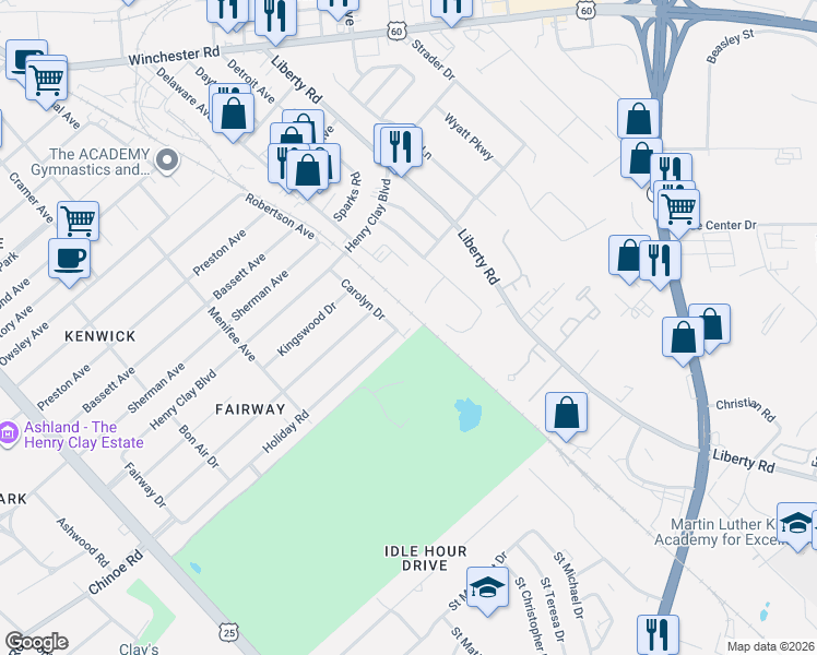 map of restaurants, bars, coffee shops, grocery stores, and more near 1905 Carolyn Drive in Lexington