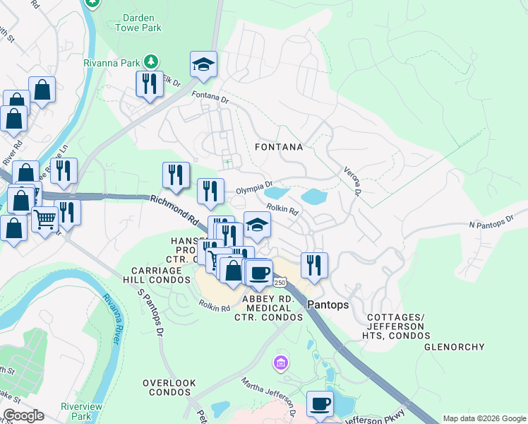 map of restaurants, bars, coffee shops, grocery stores, and more near 1999 Asheville Drive in Charlottesville