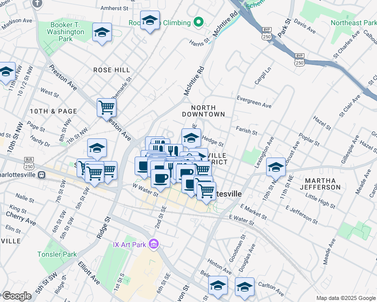 map of restaurants, bars, coffee shops, grocery stores, and more near 205 East High Street in Charlottesville