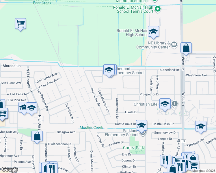 map of restaurants, bars, coffee shops, grocery stores, and more near 633 Whipporwill Street in Stockton