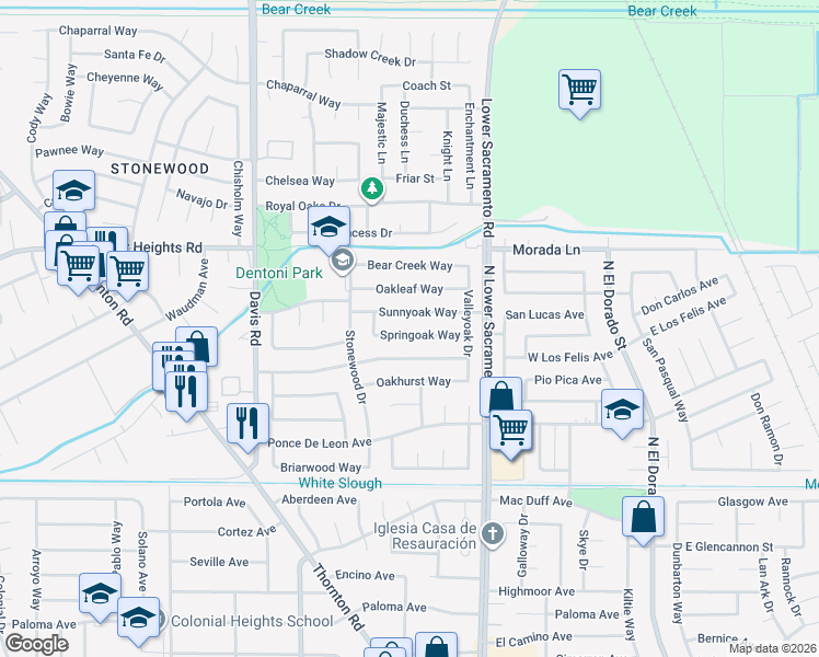 map of restaurants, bars, coffee shops, grocery stores, and more near 1014 Springoak Way in Stockton