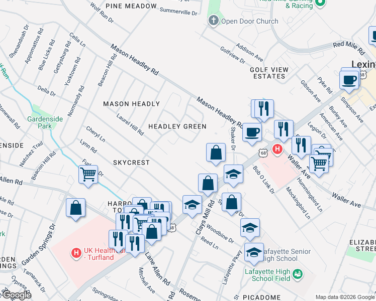 map of restaurants, bars, coffee shops, grocery stores, and more near 750 Shaker Drive in Lexington