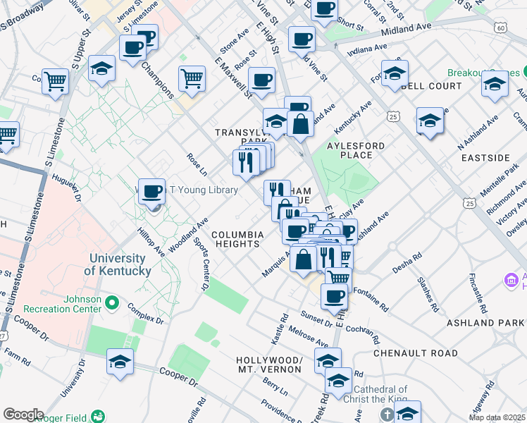 map of restaurants, bars, coffee shops, grocery stores, and more near 417 Oldham Avenue in Lexington