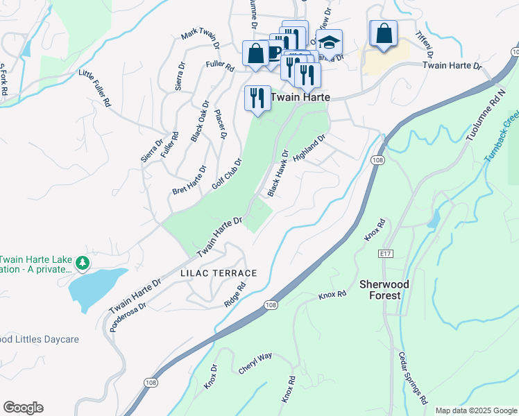 map of restaurants, bars, coffee shops, grocery stores, and more near in Twain Harte