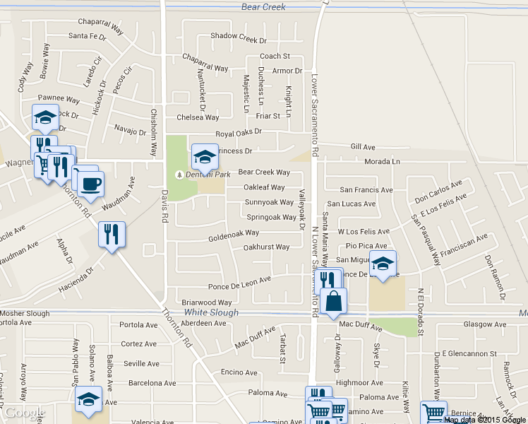 map of restaurants, bars, coffee shops, grocery stores, and more near 1014 Springoak Way in Stockton