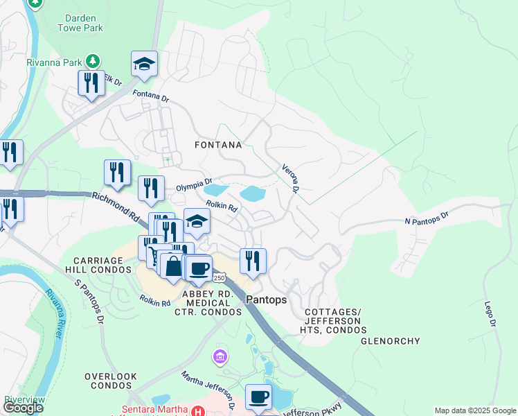 map of restaurants, bars, coffee shops, grocery stores, and more near 2028 Verona Court in Charlottesville