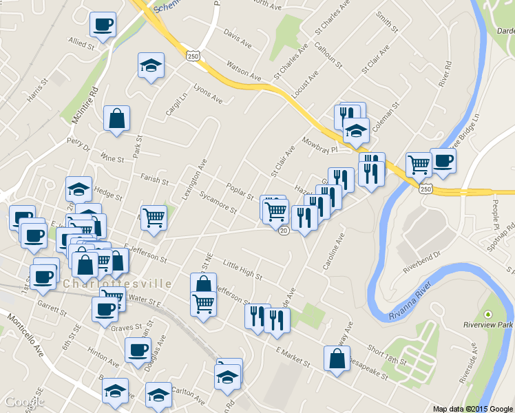 map of restaurants, bars, coffee shops, grocery stores, and more near 501 Orange Street in Charlottesville