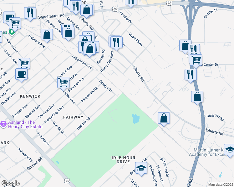 map of restaurants, bars, coffee shops, grocery stores, and more near 436 Holiday Road in Lexington