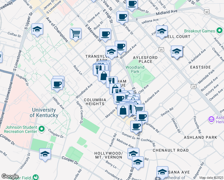 map of restaurants, bars, coffee shops, grocery stores, and more near 378 Park Avenue in Lexington