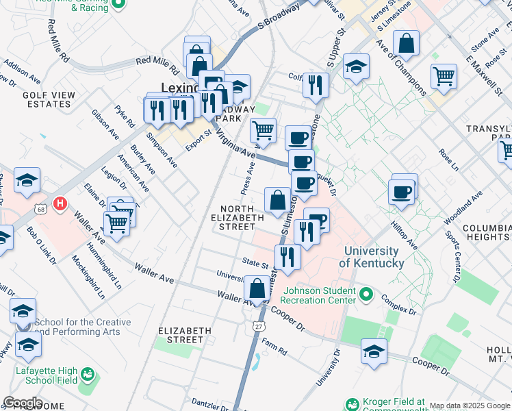 map of restaurants, bars, coffee shops, grocery stores, and more near 163 Transcript Avenue in Lexington