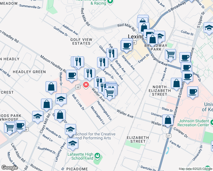 map of restaurants, bars, coffee shops, grocery stores, and more near 350 Elaine Drive in Lexington