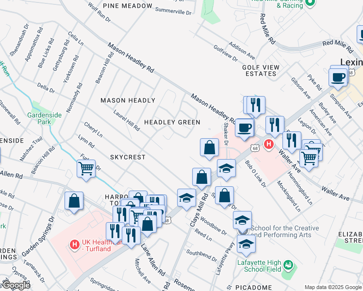 map of restaurants, bars, coffee shops, grocery stores, and more near 750 Shaker Drive in Lexington