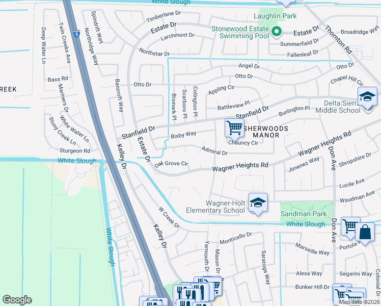 map of restaurants, bars, coffee shops, grocery stores, and more near 3321 Oak Grove Circle in Stockton