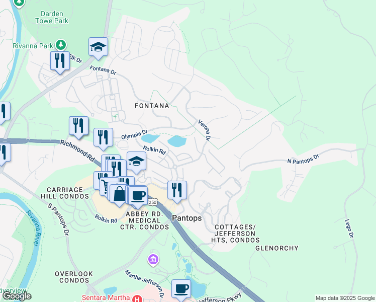 map of restaurants, bars, coffee shops, grocery stores, and more near 2010 Verona Court in Charlottesville
