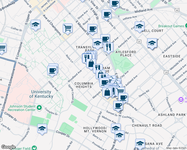map of restaurants, bars, coffee shops, grocery stores, and more near 426 Oldham Avenue in Lexington