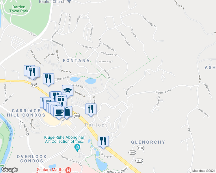 map of restaurants, bars, coffee shops, grocery stores, and more near 2480 Winthrop Drive in Charlottesville