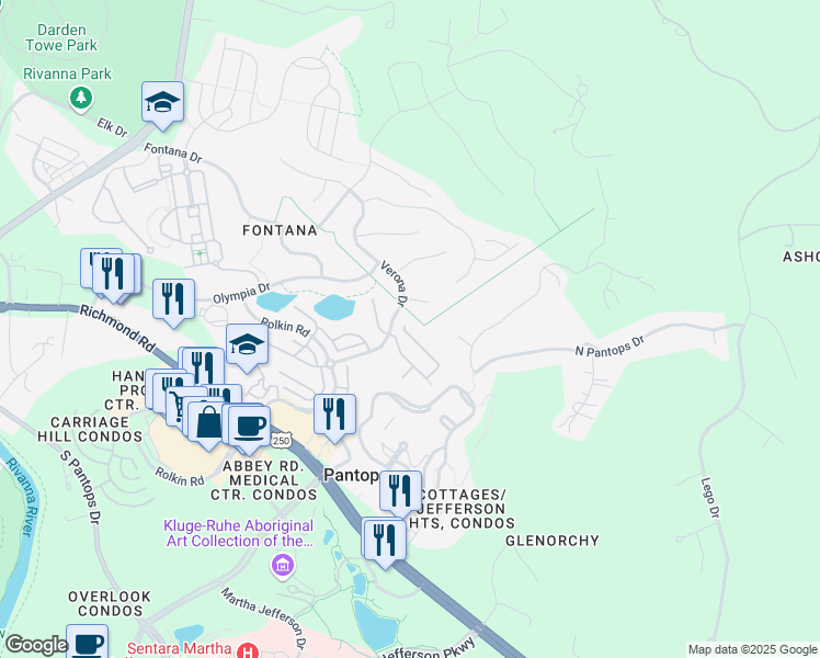 map of restaurants, bars, coffee shops, grocery stores, and more near 2466 Winthrop Drive in Charlottesville