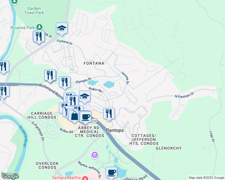 map of restaurants, bars, coffee shops, grocery stores, and more near 2024 Verona Court in Charlottesville