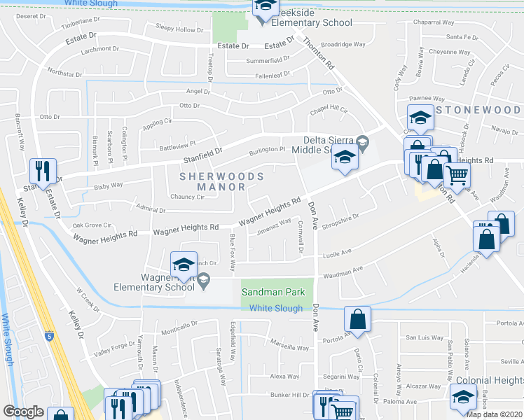 map of restaurants, bars, coffee shops, grocery stores, and more near 2627 Wagner Heights Road in Stockton