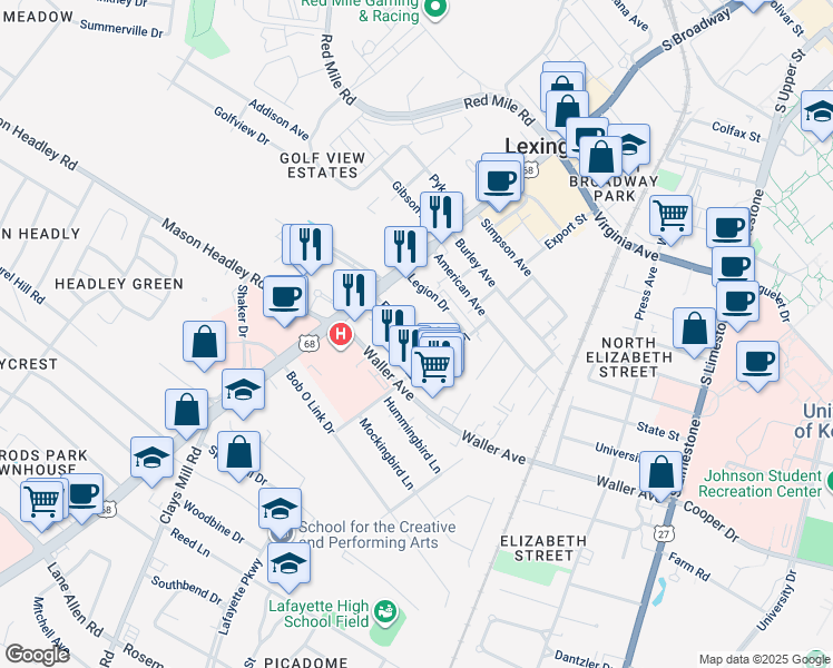 map of restaurants, bars, coffee shops, grocery stores, and more near 381 Elaine Drive in Lexington