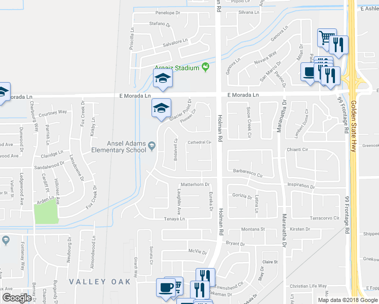 map of restaurants, bars, coffee shops, grocery stores, and more near 3299 Eagle Peak Court in Stockton