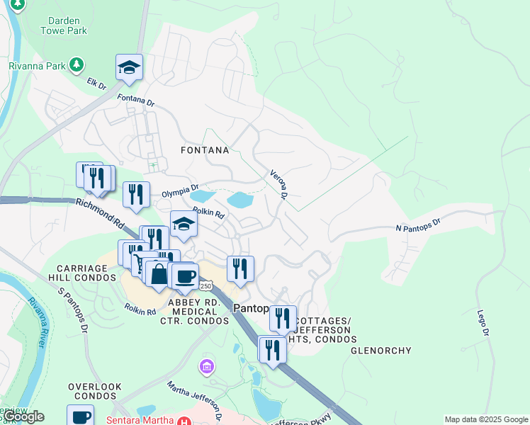map of restaurants, bars, coffee shops, grocery stores, and more near 2115 Sundown Place in Charlottesville