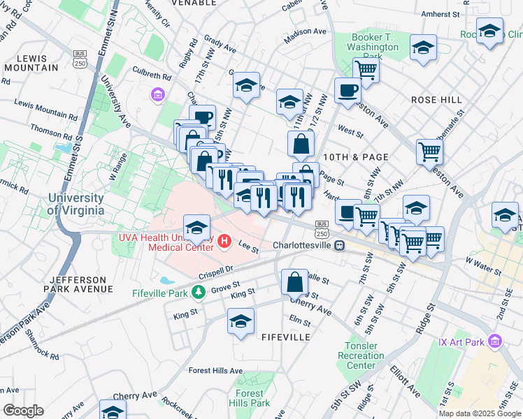 map of restaurants, bars, coffee shops, grocery stores, and more near 1111 West Main Street in Charlottesville