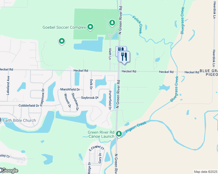 map of restaurants, bars, coffee shops, grocery stores, and more near 6125 Porterfield Drive in Evansville