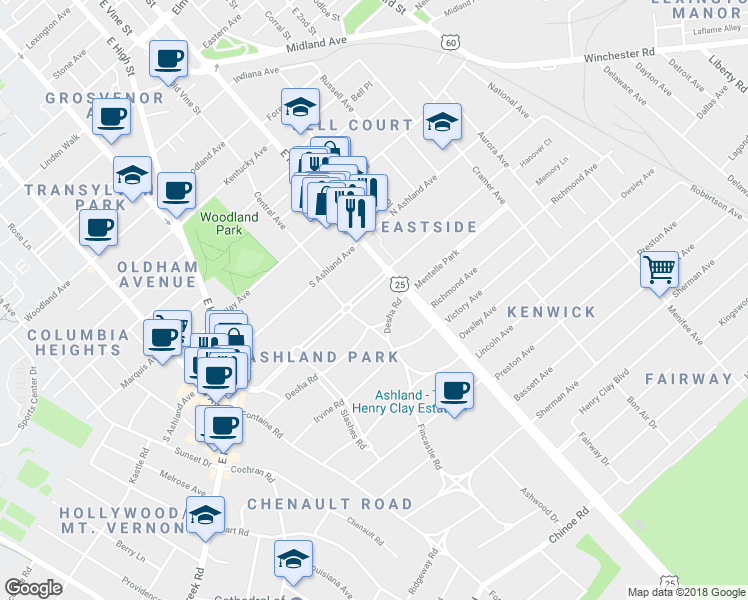 map of restaurants, bars, coffee shops, grocery stores, and more near 977 Fincastle Road in Lexington