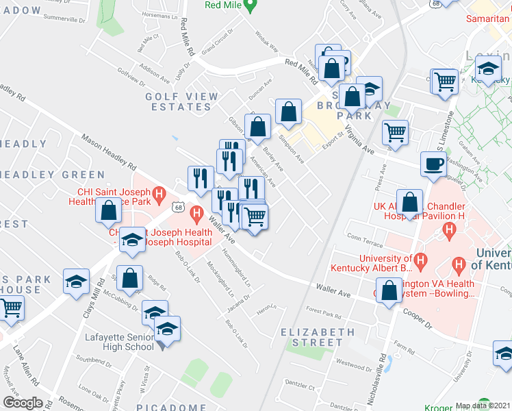 map of restaurants, bars, coffee shops, grocery stores, and more near 1232 Man O War Place in Lexington