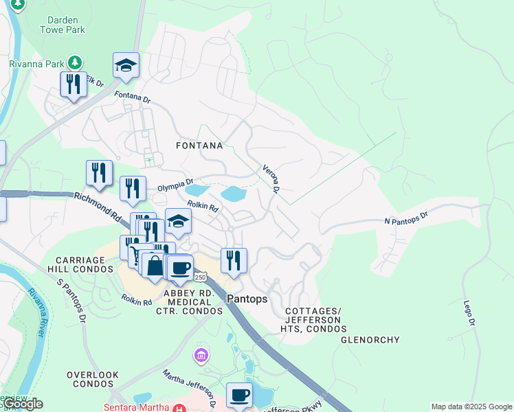 map of restaurants, bars, coffee shops, grocery stores, and more near 2115 Sundown Place in Charlottesville