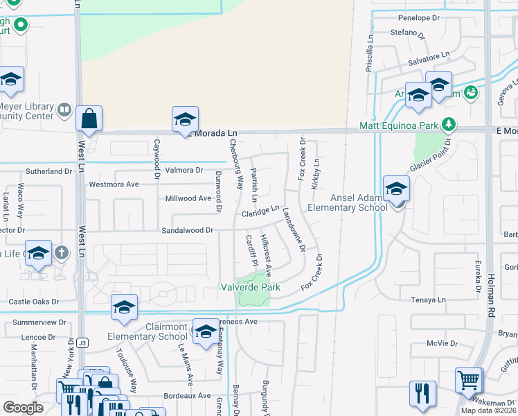 map of restaurants, bars, coffee shops, grocery stores, and more near 2439 Sandalwood Drive in Stockton