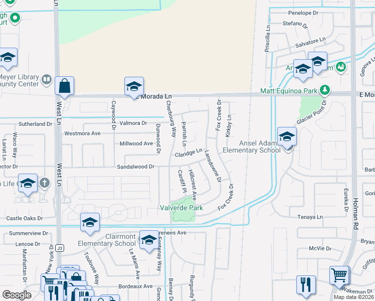 map of restaurants, bars, coffee shops, grocery stores, and more near 2505 Claridge Lane in Stockton