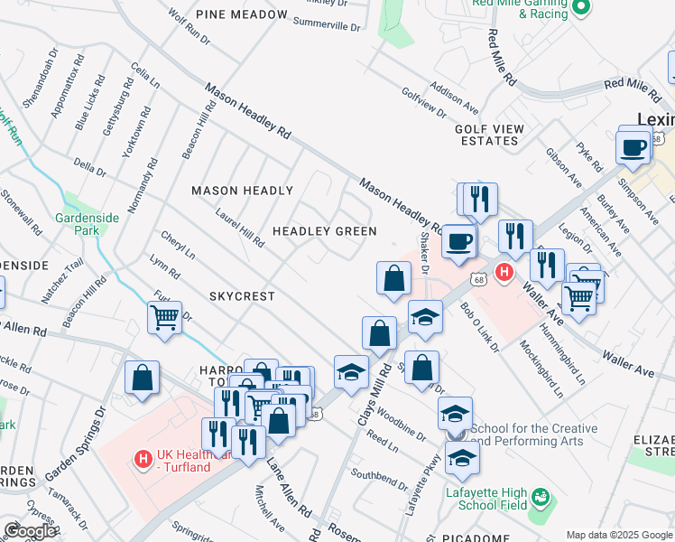 map of restaurants, bars, coffee shops, grocery stores, and more near 750 Shaker Drive in Lexington