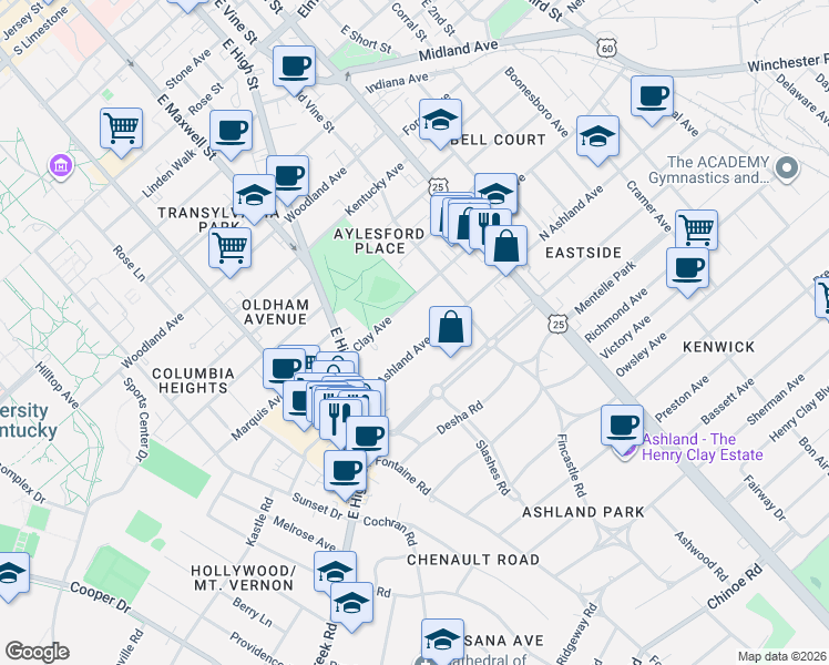 map of restaurants, bars, coffee shops, grocery stores, and more near 244 South Ashland Avenue in Lexington