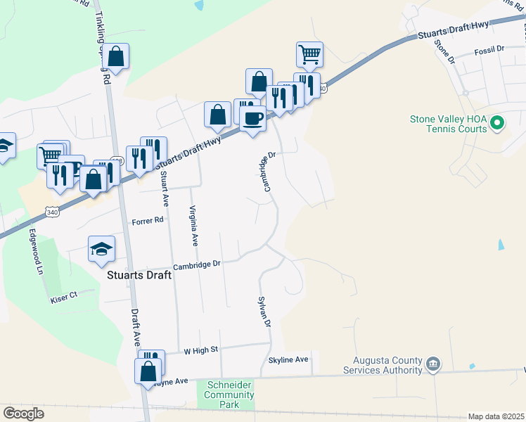 map of restaurants, bars, coffee shops, grocery stores, and more near 14 Brighton Court in Stuarts Draft