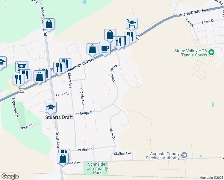 map of restaurants, bars, coffee shops, grocery stores, and more near 14 Brighton Court in Stuarts Draft