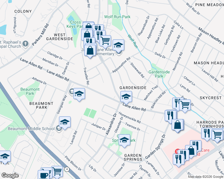 map of restaurants, bars, coffee shops, grocery stores, and more near 1013 Lane Allen Road in Lexington