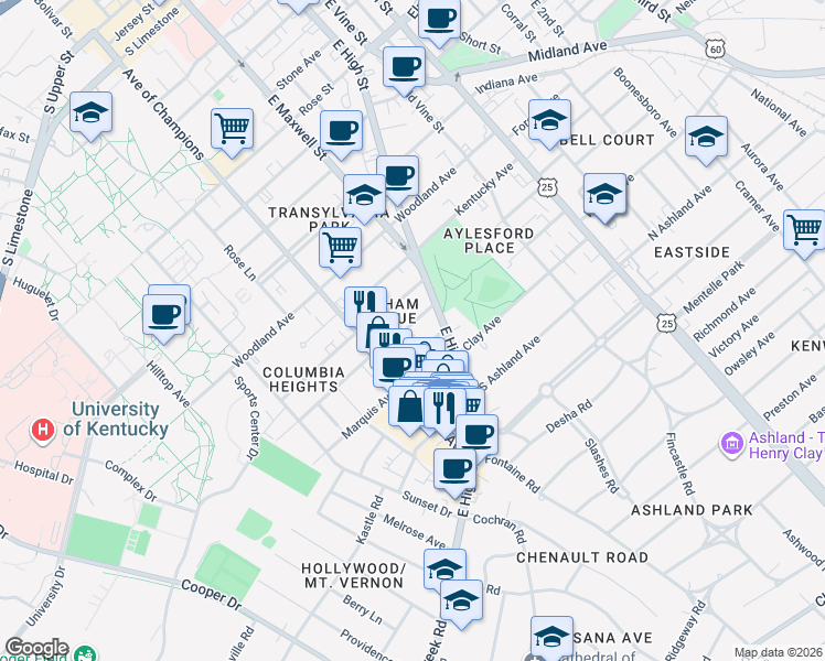 map of restaurants, bars, coffee shops, grocery stores, and more near 334 Park Avenue in Lexington
